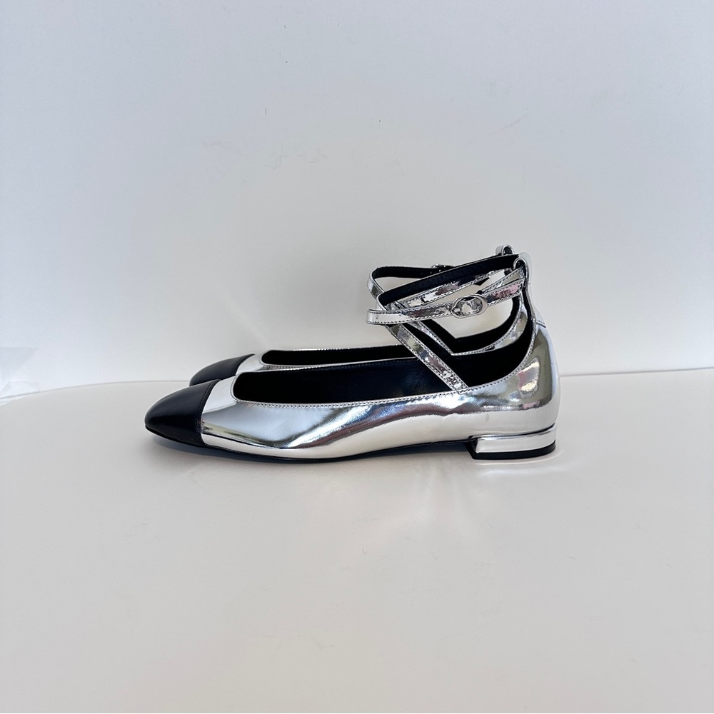 NEW Stuart Weitzman Eden Silver and Black Leather Women's Ankle-Wrap Flats, Sz 7